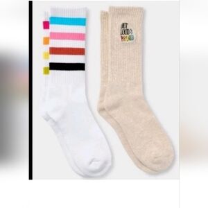 Pride Adult Out Loud & Proud and Rainbow Crew Socks 2pk Oatmeal Striped M/L